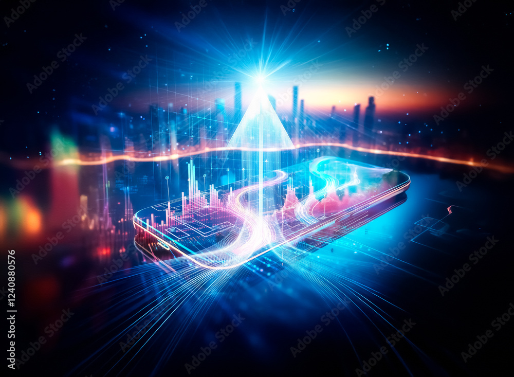 Aufkleber a futuristic city skyline reflected on a smartphone displaying dynamic, glowing pathways. the image 