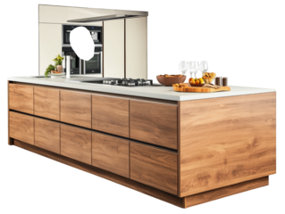 Modern kitchen counter with integrated microwave oven and ample storage modern