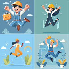 contractor workers jumping happily. cartoon illustration on blue background
