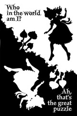 Wonderland vector card.Alice falls down the rabbit hole. Vector illustration of wonderland. Black silhouettes isolated on a white background