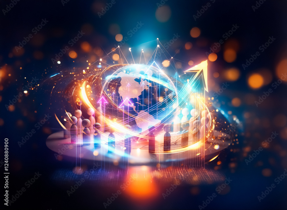 Poster a glowing earth encircled by interconnected lines, surrounded by small wooden figures on a circular 