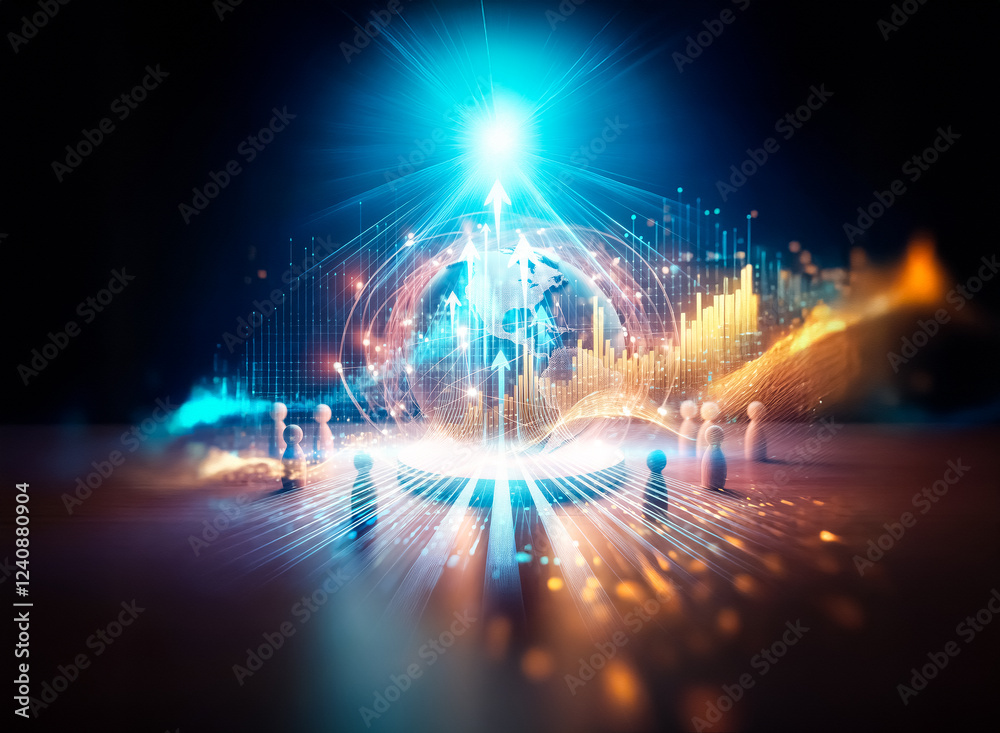 Aufkleber A glowing Earth encircled by a network of connections, surrounded by small figures on a reflective surface, symbolizes global networking and interconnectedness.