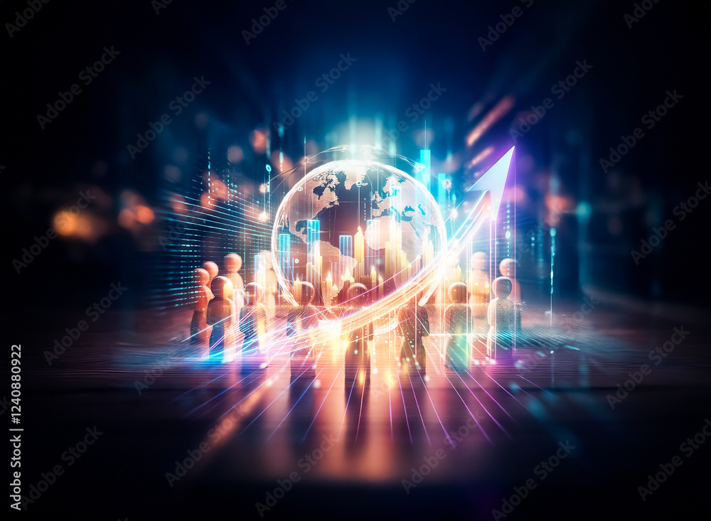 Poster a glowing earth encircled by wooden figures, symbolizing global unity and connection. the dark backg