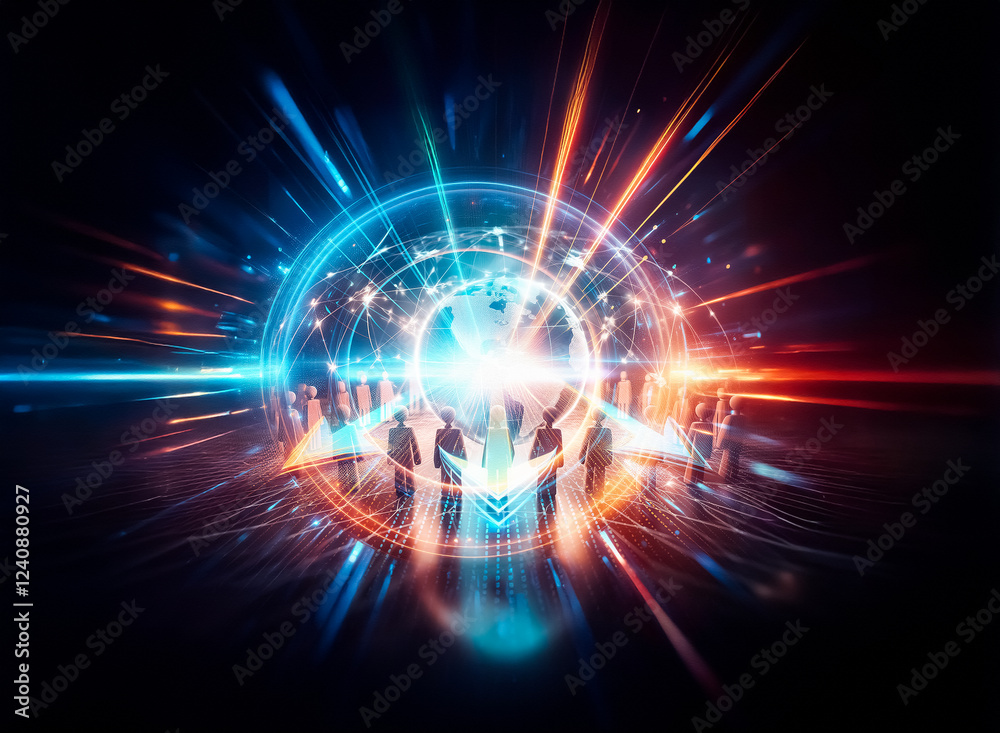 Poster A glowing digital network envelops a globe, encircled by small figures representing global interconnectedness and communication.  A sense of unity and collaboration is conveyed.