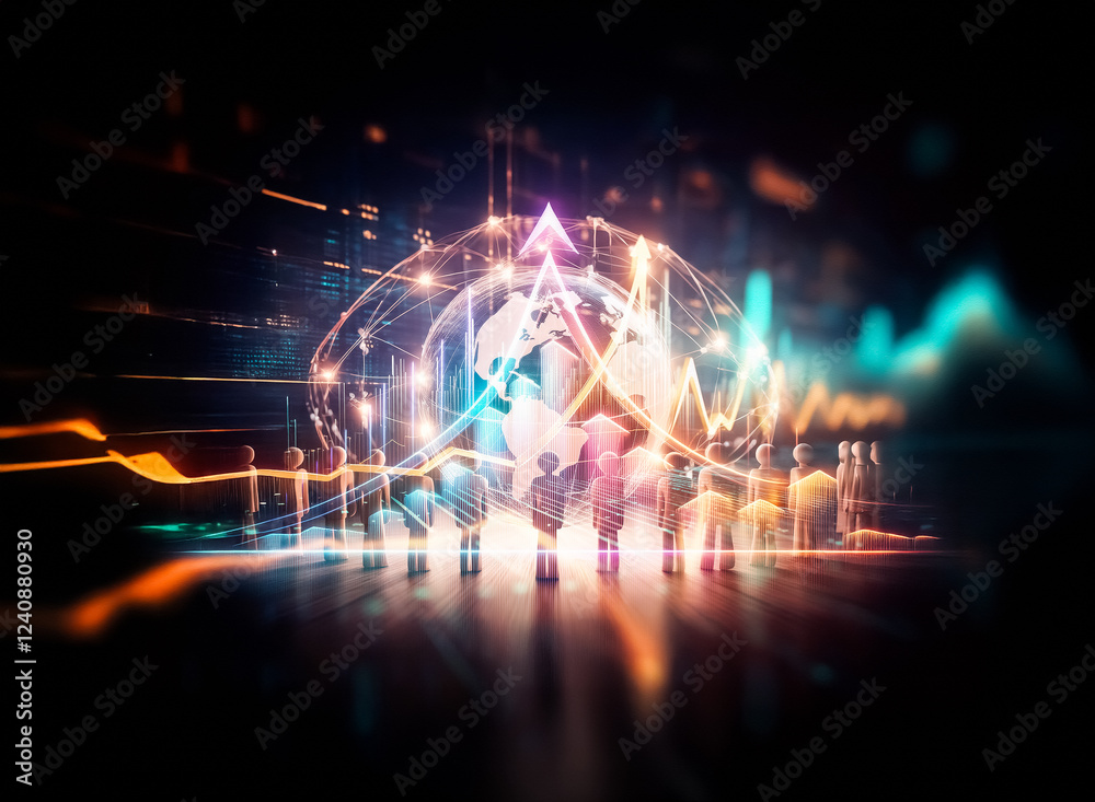 Poster A glowing earth encircled by a network of connections, surrounded by small figures, symbolizes global unity and interconnectedness.  The scene is dark, emphasizing the digital network.