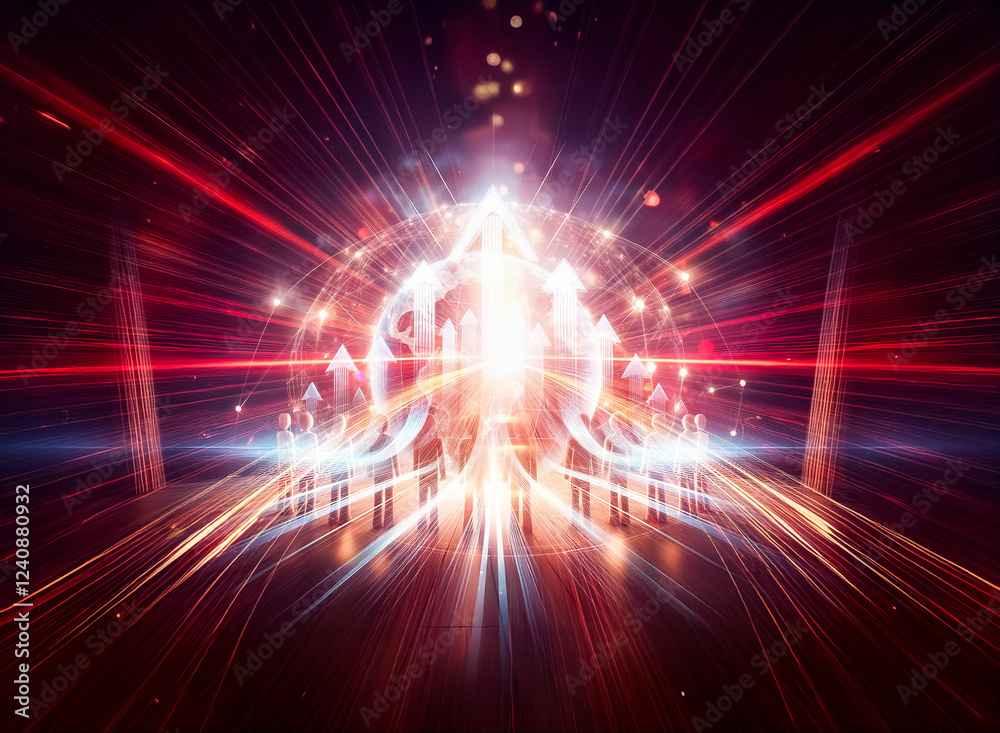 Poster A group of wooden figures stand before a glowing globe enveloped in a network of connections, symbolizing global connectivity and community.  The scene is dark, emphasizing the digital sphere's lumine
