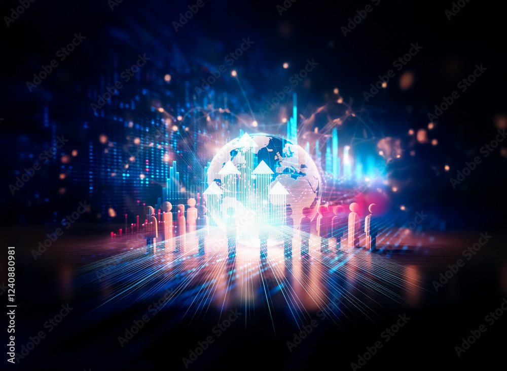 Poster Glowing Earth encircled by a network of connections, surrounded by small figures representing global unity and interconnectedness.  A symbolic representation of worldwide communication and collaborati