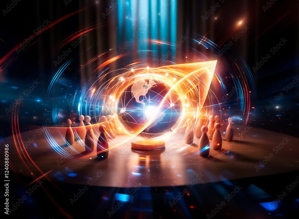 Poster illuminated globe encircled by glowing network lines, surrounded by wooden figures on a dark surface