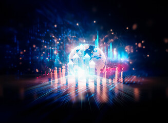 Fototapeta premium Glowing Earth encircled by a network of connections, surrounded by small figures representing global unity and interconnectedness. A symbolic representation of worldwide communication and collaborati