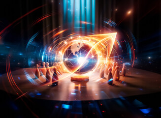 Obraz premium Illuminated globe encircled by glowing network lines, surrounded by wooden figures on a dark surface, suggesting global connection and community.