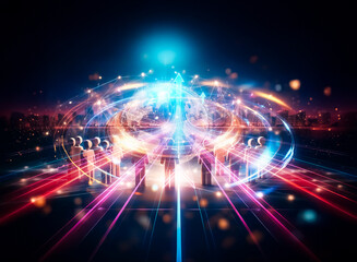 Naklejka premium Global network connecting people. A glowing earth encircled by interconnected figures symbolizes unity and worldwide communication.