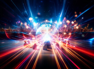 A glowing globe encircled by a network of connections sits among small wooden figures, symbolizing global connectivity and community.