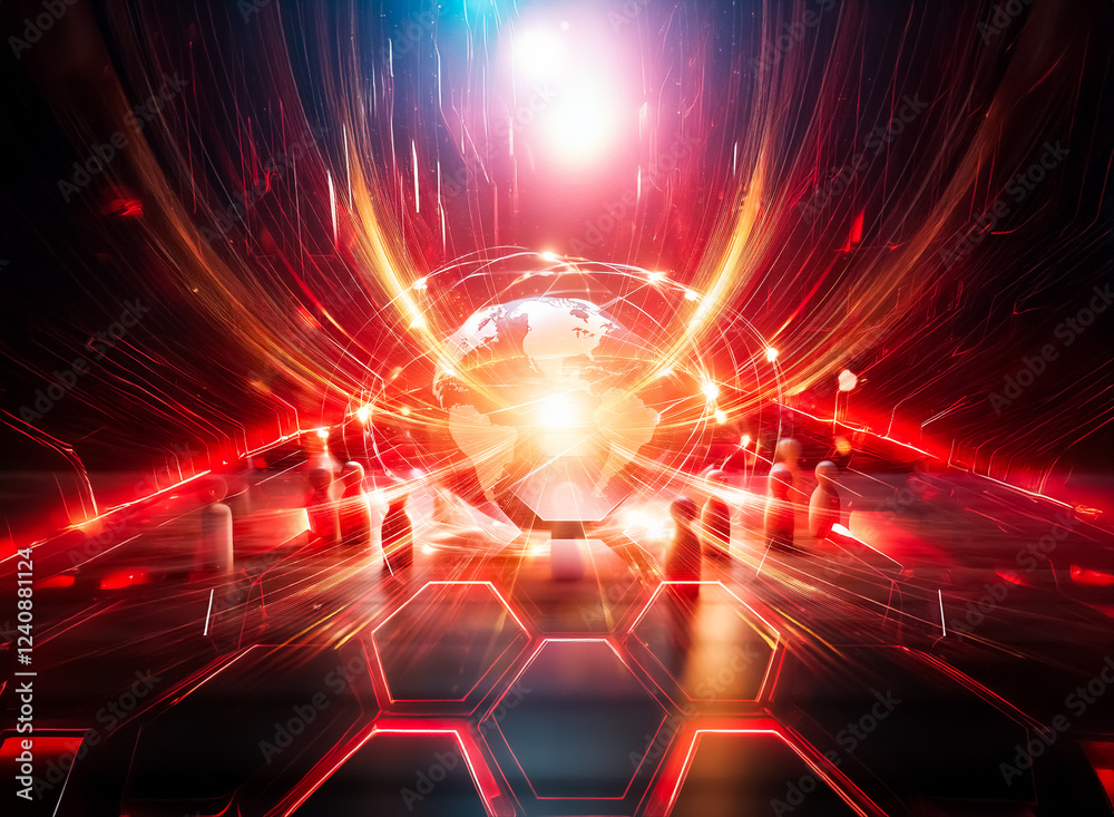 Poster a miniature earth glows, encircled by a network of light, symbolizing global connectivity. small fig