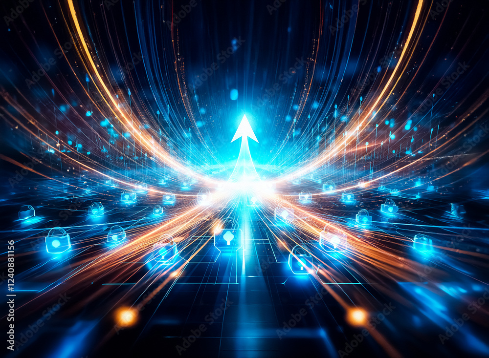Fototapete abstract digital landscape with glowing blue padlocks arranged on a circuit board pattern, represent