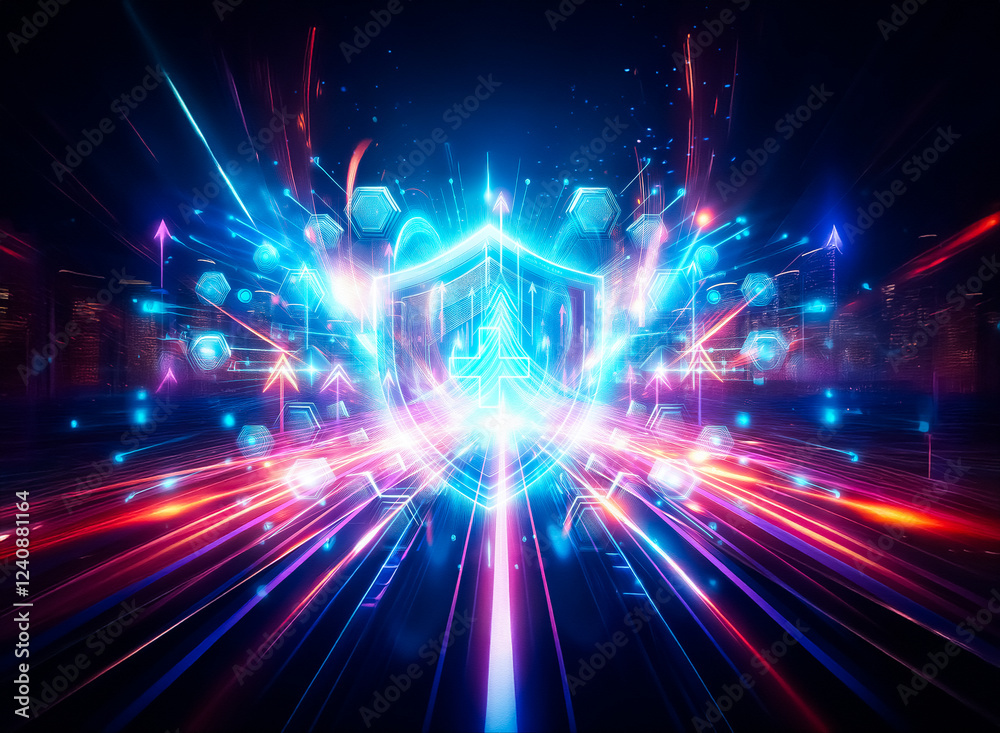 Aufkleber A glowing blue shield with a plus sign at its center, surrounded by a burst of digital energy and hexagonal shapes, symbolizes digital health protection.