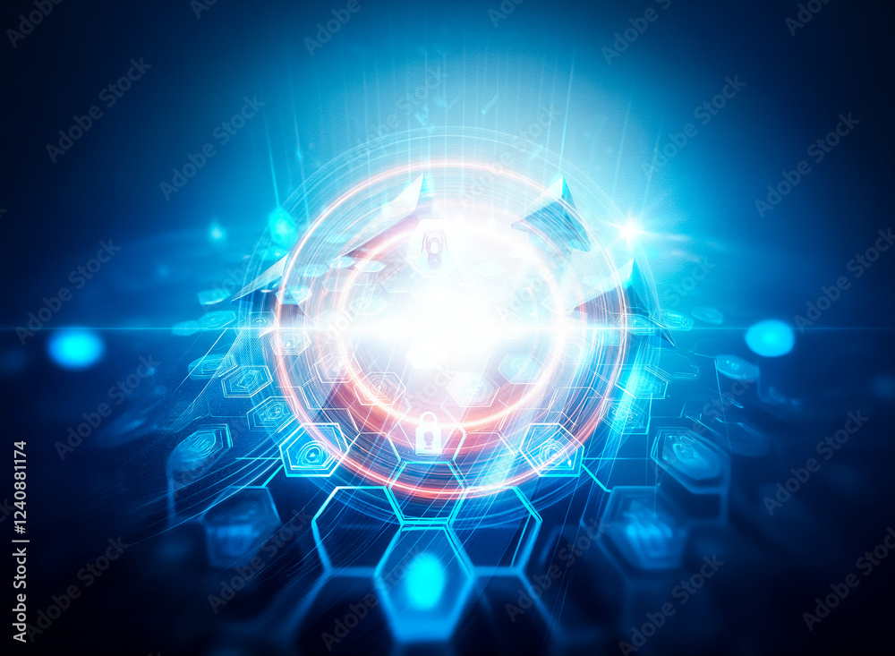 Fototapete Abstract digital art depicting a futuristic network security system.  Glowing blue hexagons, data streams, and security icons form a complex, interconnected system.  A central lock icon represents cor