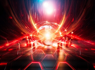 Obraz premium A miniature Earth glows, encircled by a network of light, symbolizing global connectivity. Small figures surround it, representing global community and collaboration.