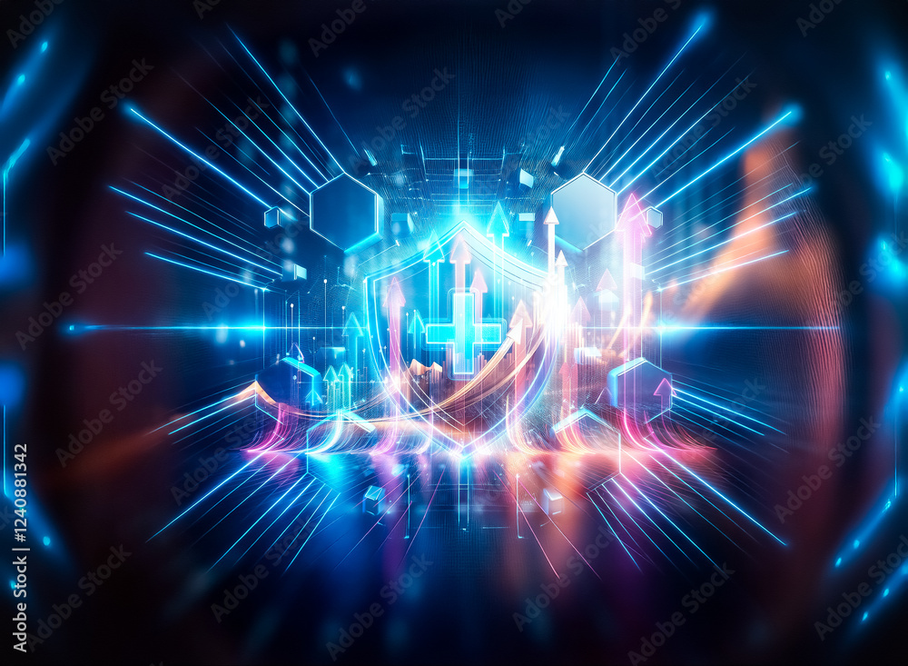 Aufkleber glowing blue shield with a plus symbol, surrounded by hexagonal shapes and radiating light streaks, 
