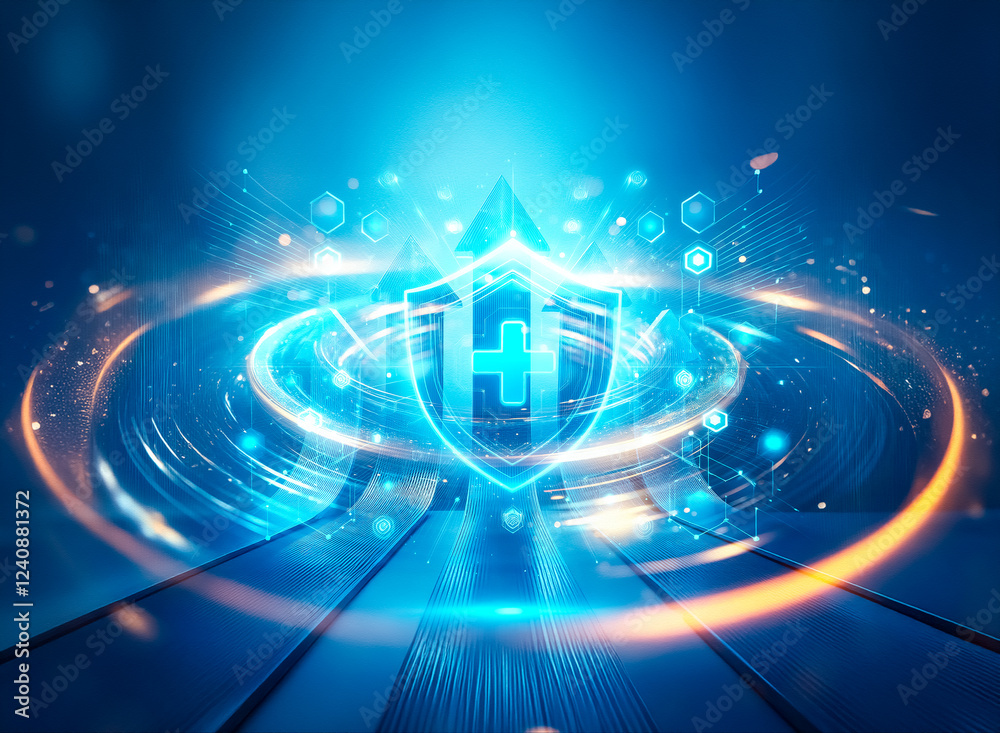 Poster a glowing blue digital shield, emblazoned with a cross, symbolizes digital health protection. surrou