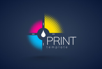 Logo Print CMYK Circle dots color print. Polygraphy theme. Template design vector. Black background.