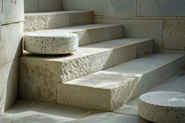 Sunlight illuminating textured stone steps with speckled concrete cylinders adding a touch of modern design to architectural structure