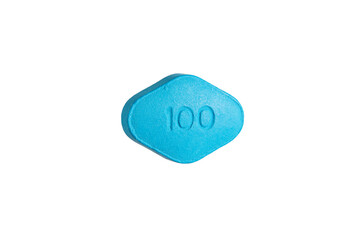 Fototapeta premium Blue pill on white background. Erectile dysfunction oblong pill. Mans health and sexual problems. Male power and libido.
