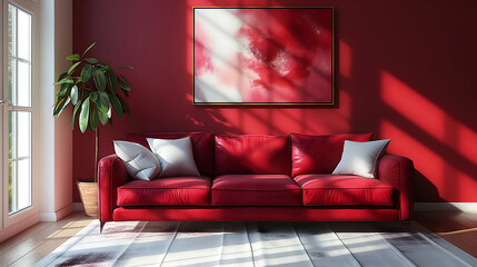 Red Leather Sofa Modern Sunlit Room, Cozy Interior Design with Plants and Stylish Decor.