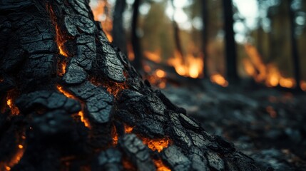 Charred tree bark shows deep cracks and darkened textures that remain after a destructive forest fire, highlighting the impact on natural landscapes and ecosystems.