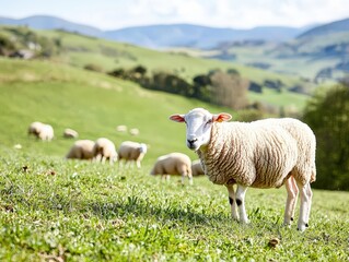 Obraz premium Serene Pastoral Landscape with Grazing Sheep in Lush Green Meadow Under Bright Blue Sky and Rolling Hills
