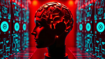 Artificial intelligence processing data in futuristic server room