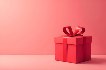 Red gift box with red bow on pink background. Holiday banner. Gift boxes Valentine's day. Selective focus, blurred background.