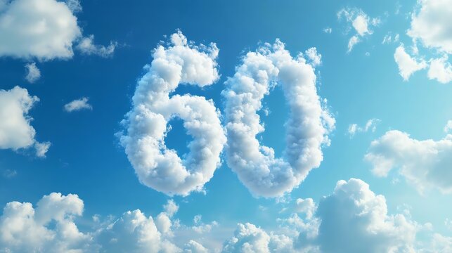 Beautiful clouds shaped as the number 60 against a clear blue sky, creating a whimsical and uplifting atmosphere.