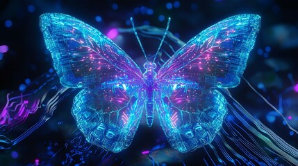 A stunning digital butterfly glows with vibrant neon colors, showcasing intricate patterns and holographic effects against a dark background.
