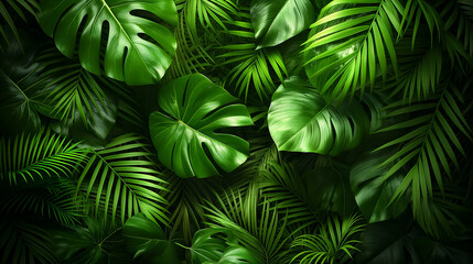 Tropical Green Leaves Lush Jungle Background, Dark Fresh Plant Texture for Summer Photography.