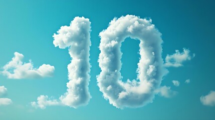 A creative cloud arrangement forming the number 10 against a blue sky, conveying concepts of achievement and inspiration.