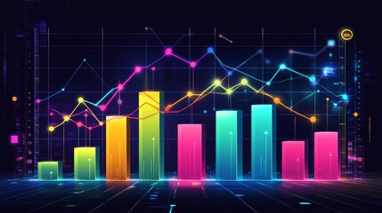Abstract Data Visualization, Colorful Bar Graph and Line Chart on Dark Background, Gradient Blue