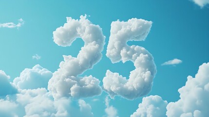 A whimsical representation of the number 25 formed from fluffy white clouds against a bright blue sky, ideal for celebrations or milestones.