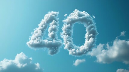 Fluffy clouds forming the number 40 in a bright blue sky, ideal for birthday celebrations or milestones.