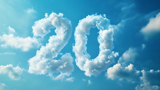 Clouds forming the number 20 against a bright blue sky, symbolizing celebration, birthdays, or significant milestones. Perfect for event graphics.