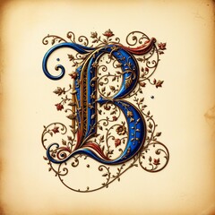 Ein kunstvoll mittelalterliches „B“, mit goldenen Filigranmustern, floralen Elementen und geschwungenen Ornamenten auf gealtertem Pergament. Tiefblaue und rubinrote Akzente betonen den edlen Charakter