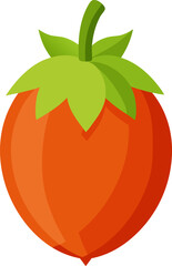 A stylized illustration of a ripe tomato with green leaves on top.