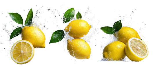 Fresh lemons with water splashes and green leaves on a PNG background
