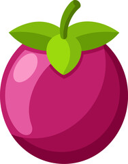 A stylized illustration of a purple fruit with a green leaf.