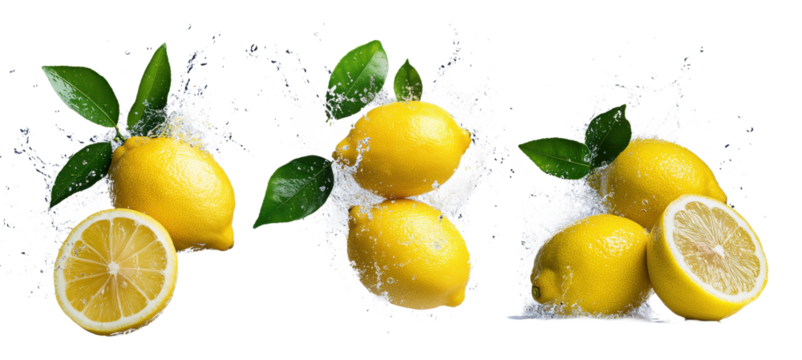 Fresh lemons with water splashes and green leaves on a PNG background