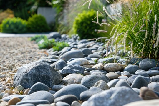 Smooth river stones and decorative grasses bordering a gravel path in a contemporary garden design
