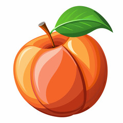 A vibrant, glossy peach with a green leaf, showcasing its juicy and fresh appearance.