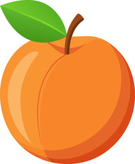 A vibrant, stylized illustration of a peach with a green leaf.