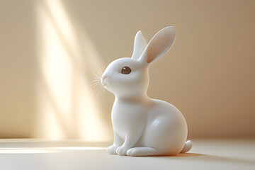 Delicate white rabbit figurine sits gracefully on a soft surface with warm light illuminating its...