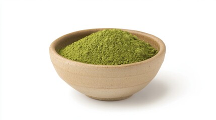 A small, round bowl filled with vibrant green powder, likely a natural spice or ingredient, set against a clean, white background.
