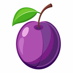A glossy purple plum with a green leaf, showcasing its vibrant color and smooth texture.